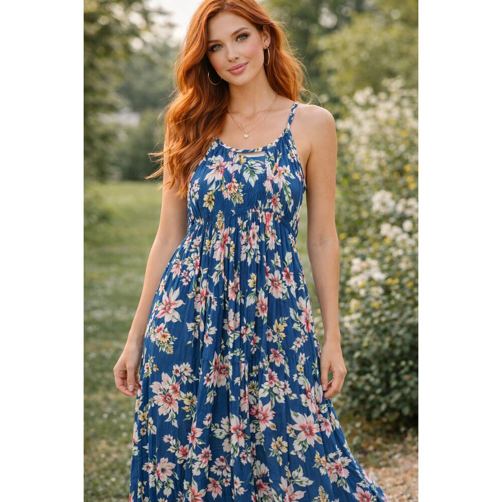 Women's XS Floral Sleeveless Maxi Feminine Tropical Sun Dress Vacation